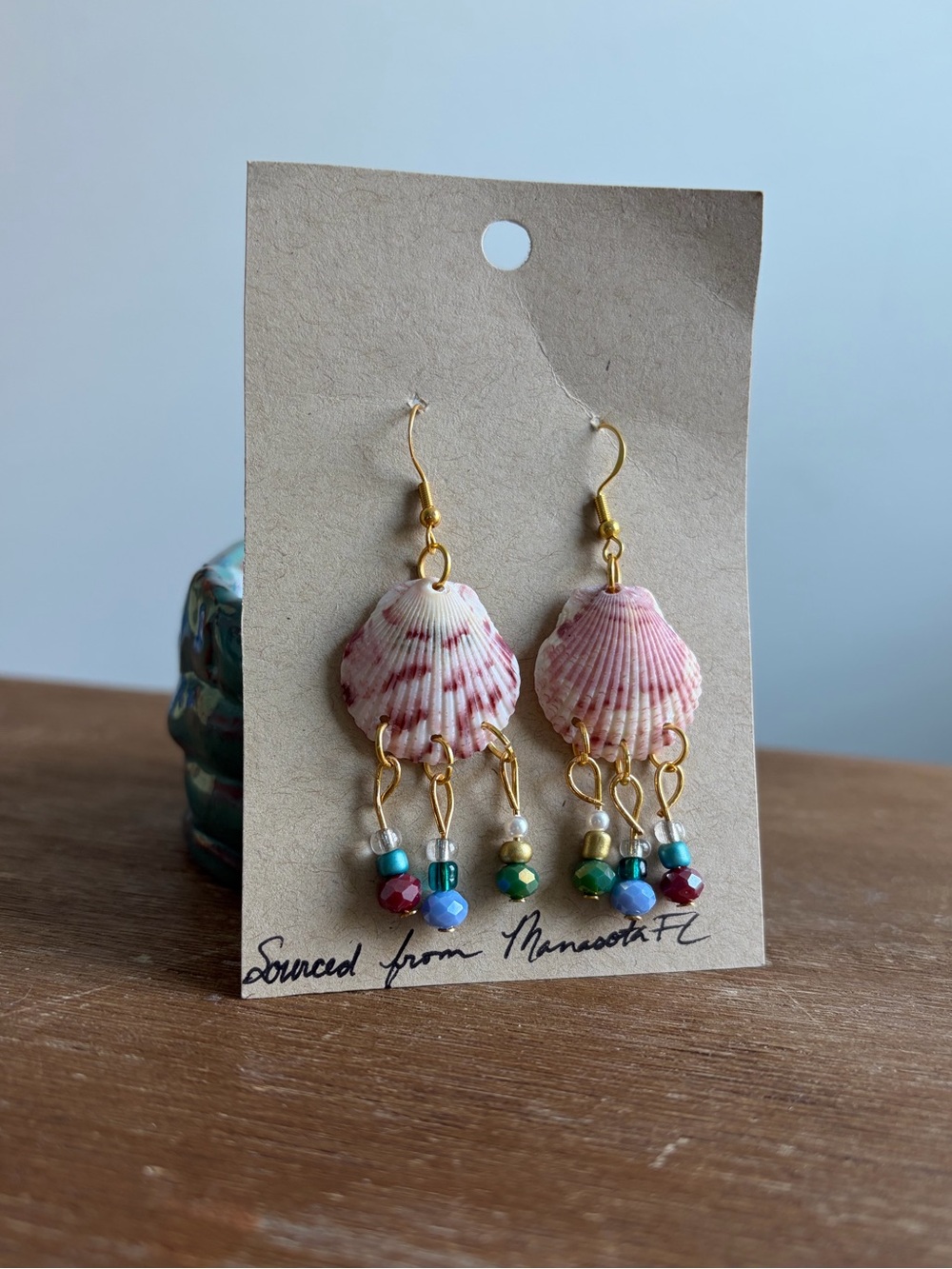 Bohemian Beaded Gold Calico Scallop Shell Drop Aurelia Earrings ~ Handmade - Picture 2 of 2